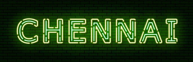 Glowing neon sign with the inscription of the Indian city of Chennai. In green and yellow colors. Against a brick wall. All elements are isolated.