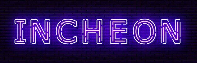 Glowing neon sign with the inscription of the Korean city of Incheon. In blue and purple colors. Against a brick wall.