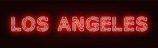 Glowing neon sign with the inscription of the USA city of Los Angeles. In red and orange colors. Against a brick wall. All elements are isolated.