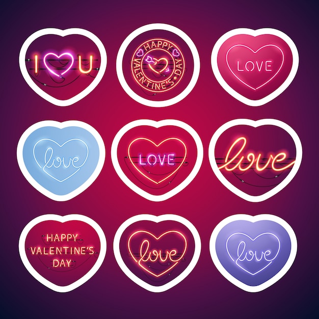 Glowing Neon Valentine Signs Sticker Pack with Stroke