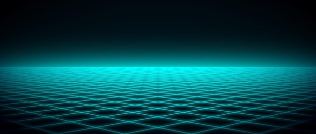 Glowing neon wireframe horizon background Light green blue grid room floor in perspective