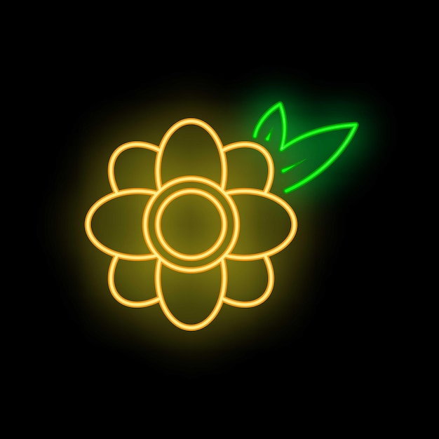 Glowing neon yellow flower with green leaves on black background