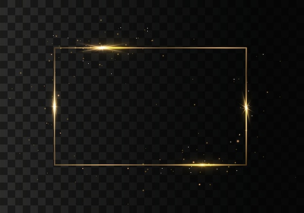 Glowing rectangular frame with lights effects. Golden luxury rectangle border.