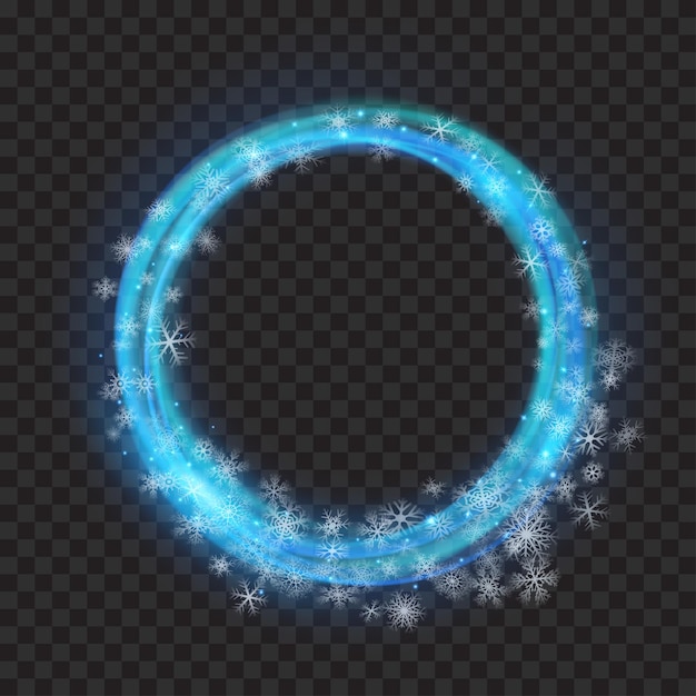 Glowing rings with glitter and snowflakes in light blue colors on transparent background Light effects For used on dark backgrounds