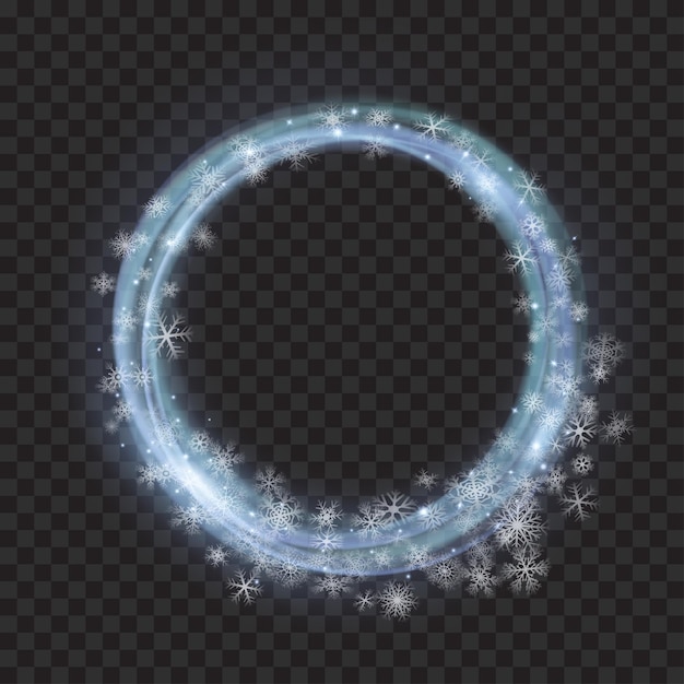 Glowing rings with glitter and snowflakes in light blue colors on transparent background Light effects For used on dark backgrounds