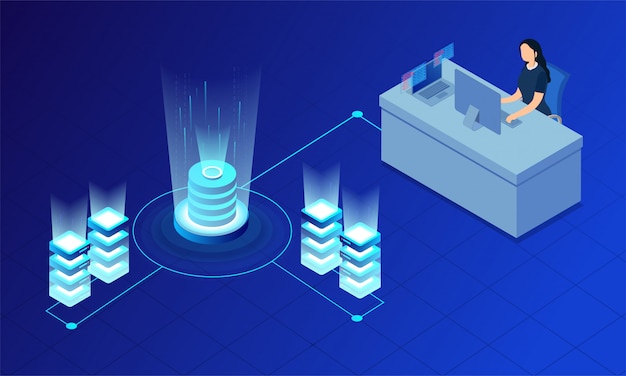 Glowing servers connected with database.