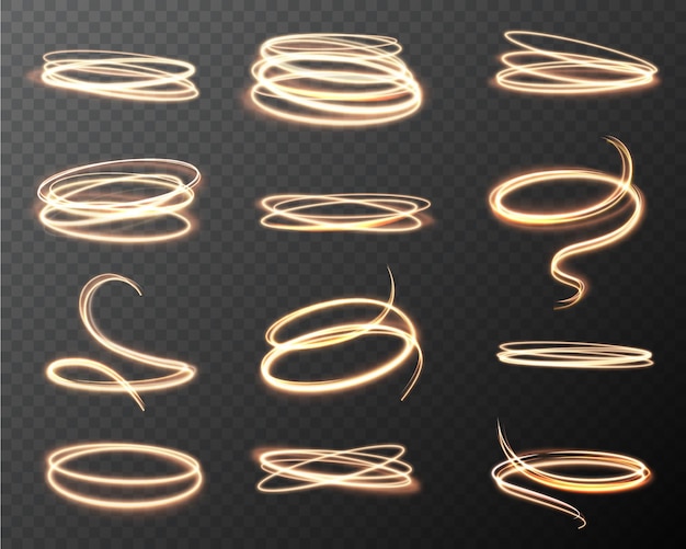 Glowing shiny spirals light effect Golden luminous spirals long exposure shimmer effects collection twisted rounded curves magic energy rings Decoration element vector isolated set