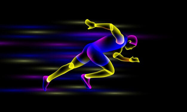 Vector glowing sprinter runs at night neon transparent overlay layers look like a virtual running man