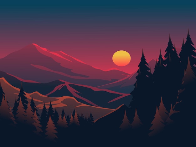 Glowing sunset at mountain Vector nature landscape