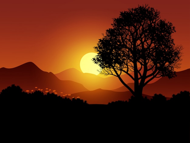 Glowing sunset scene with tree and mountain silhouette