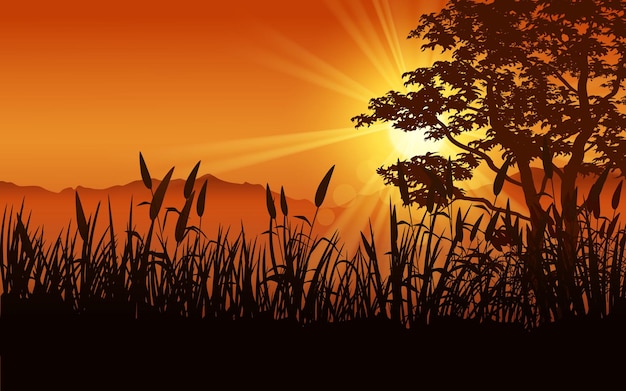 Glowing sunset with tree and grass