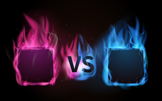 Vector glowing versus screen. pink vs blue, confrontation of male and female metaphor. burn colorful frames vector illustration. fight confrontation game vs glow