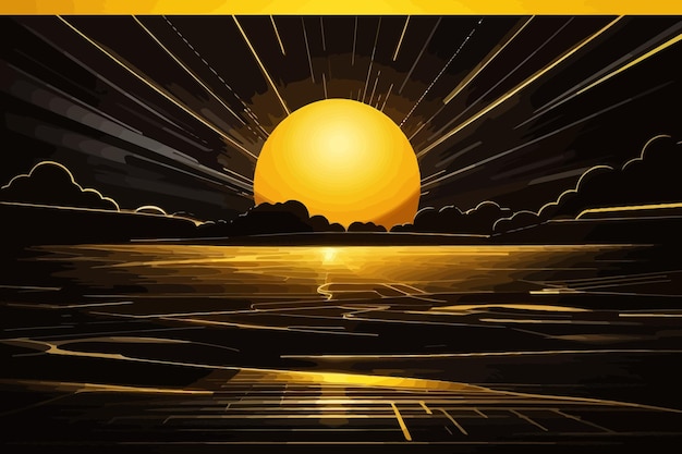 Vector glowing yellow sun in front of black background