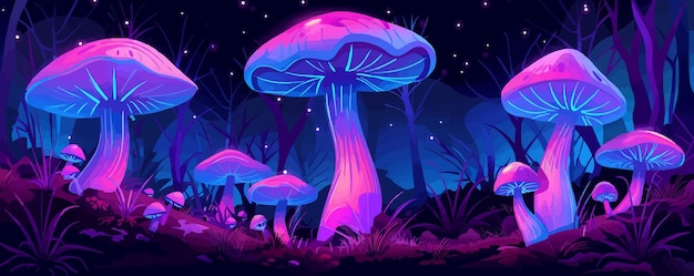 Vector glowinthedark mushrooms enchanted forest elements fantasy nature neon style vector illustration flat style