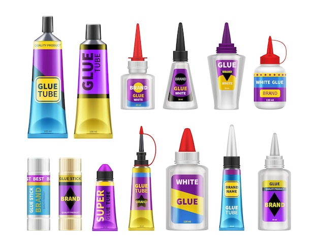 Glue packaging Glues tubes realistic adhesive stick and bottle plastic packs 3d isolated vector illustration