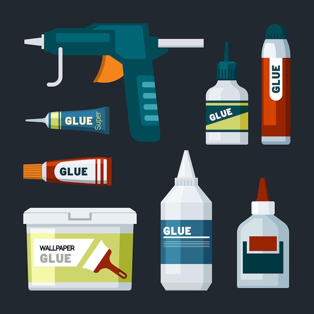 Glue tubes plastic packages with glue office supplies items vector illustrations in flat style