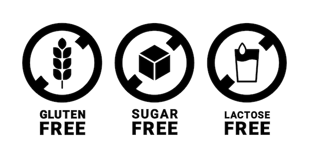 Gluten free, sugar free and lactose free icons. Healthy food. Health care. Vector sign