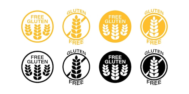 Vector gluten free vector diet stamp icon set. wheat product allergy yellow and black symbol collection.