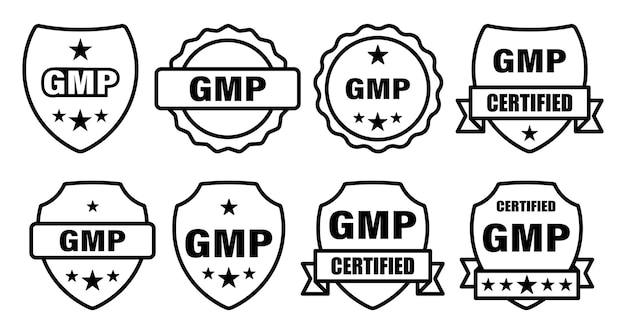 Vector gmp set of round badges certified industrial stickers for products with good manufacturing practice