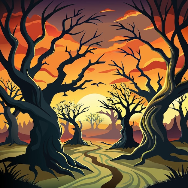 Vector gnarled leafless trees with twisted branches and a haunted feel