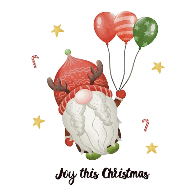 Gnome and balloons Let's enjoy Christmas. Banner Christmas. Watercolor Vector illustration.