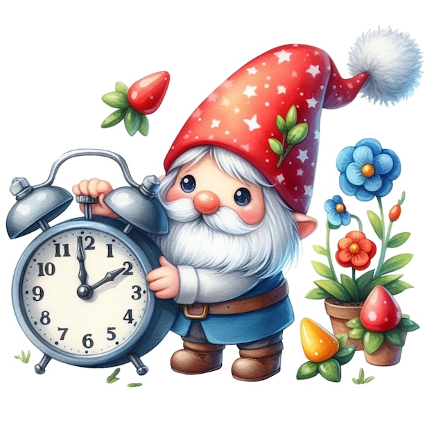 Gnome Cute holding an alarm clock Clipart Watercolor