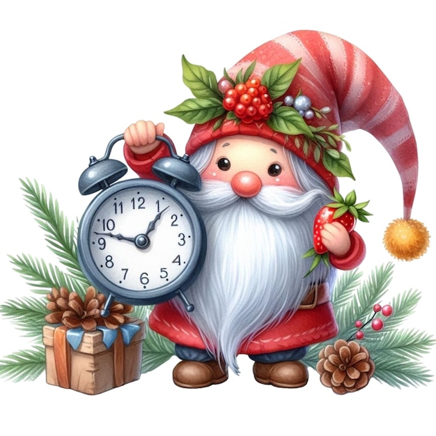 Gnome Cute holding an alarm clock Clipart Watercolor