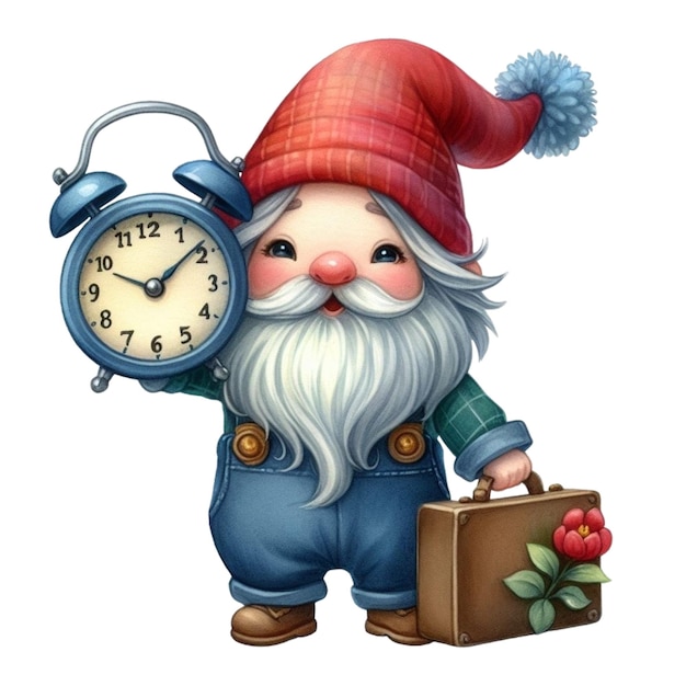 Gnome Cute holding an alarm clock Clipart Watercolor