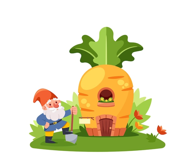 Gnome Gardener with Spade near the Carrot House Isolated Ripe Vegetable Hut With Wooden Door and Window Fantasy Building With Green Leaves Fairy Dwarf Or Elf Cute Home Cartoon Vector Illustration