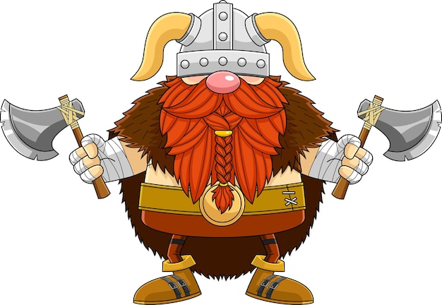 Gnome Viking Warrior Cartoon Character Holds Two Axes. Vector Hand Drawn Illustration