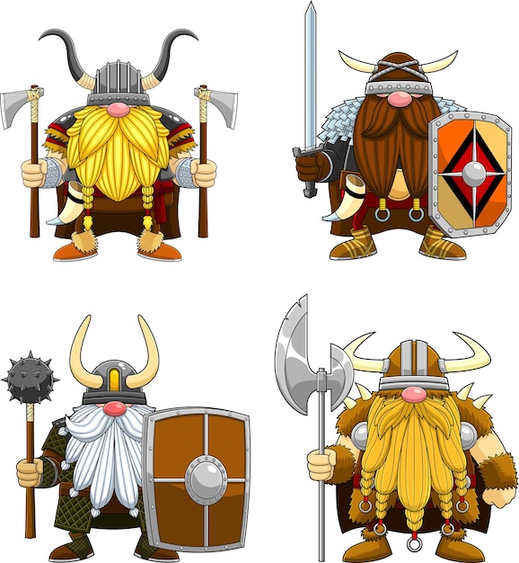 Gnome Viking Warrior Cartoon Character Vector Hand Drawn Collection Set