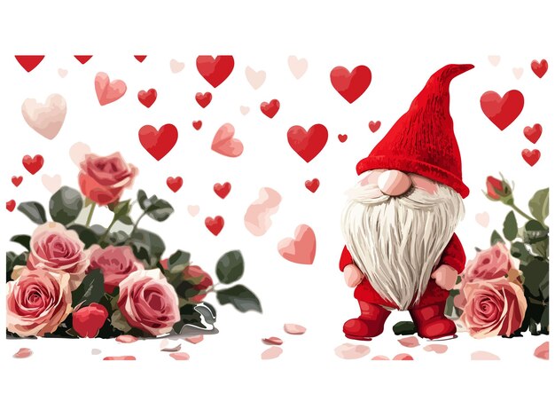 Vector a gnome with a beard and a beard is standing in front of a bunch of roses