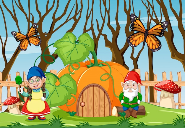 Gnome with pumpkin house in the garden with butterfly cartoon style