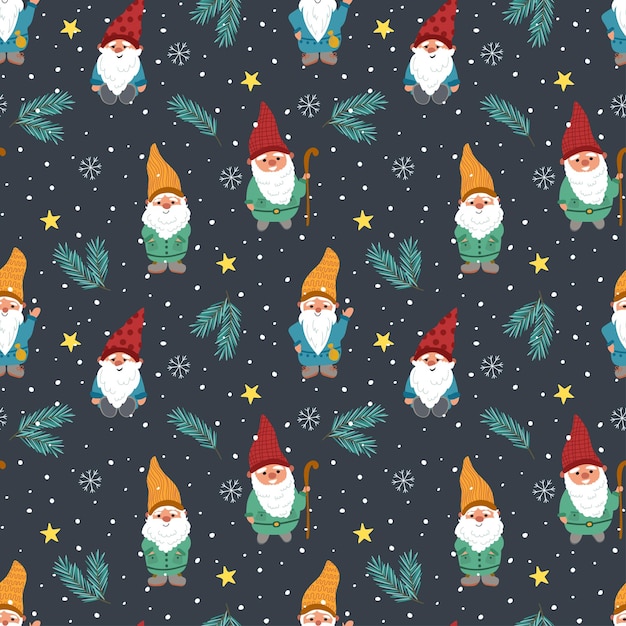 Gnomes and branches of a Christmas tree Seamless pattern vector illustration