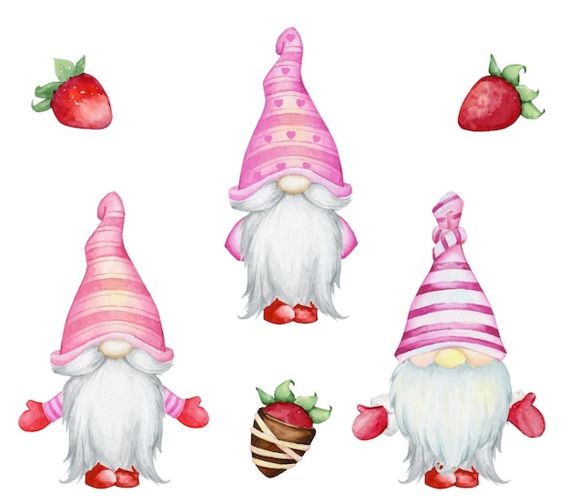 Gnomes, chocolate-covered strawberries. watercolor set of elements, on an isolated background, for the decoration of the valentine's day holiday.