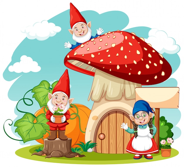 Gnomes and mushroom house cartoon style on white background