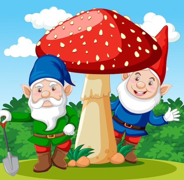 Gnomes standing with mushroom cartoon character on garden