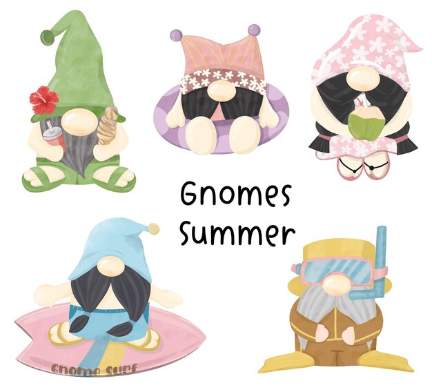 Vector gnomes summer beach watercolor vector with hibiscus flower ice cream surf coconut and snorkeling