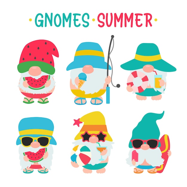 Vector gnomes summer. gnomes wear hats and sunglasses for summer trips to the beach.