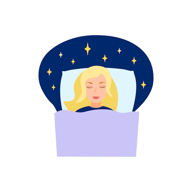 Vector go to bed stylized portrait of a sleeping girl in bed icon clipart for website about health