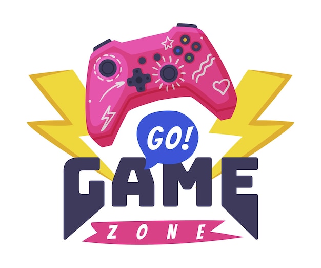 Vector go game zone logo joysticks gamepad with slogan text print cartoon vector illustration