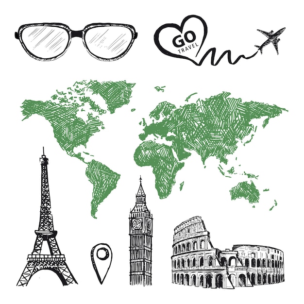 Go Travel Map of the world The plane drew a heart Eiffel Tower Coliseum Grunge style