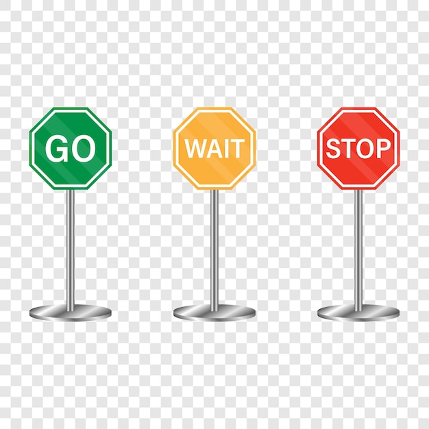 Go, wait, and stop road sings. Warning road sings. Traffic control signs.