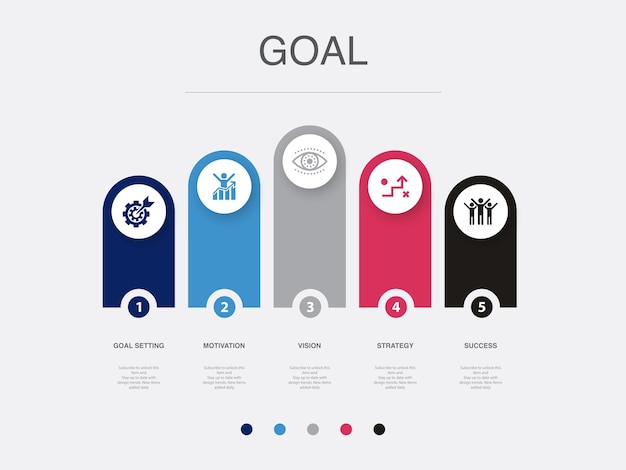 Goal setting motivation vision strategy success icons Infographic design layout template Creative presentation concept with 5 steps