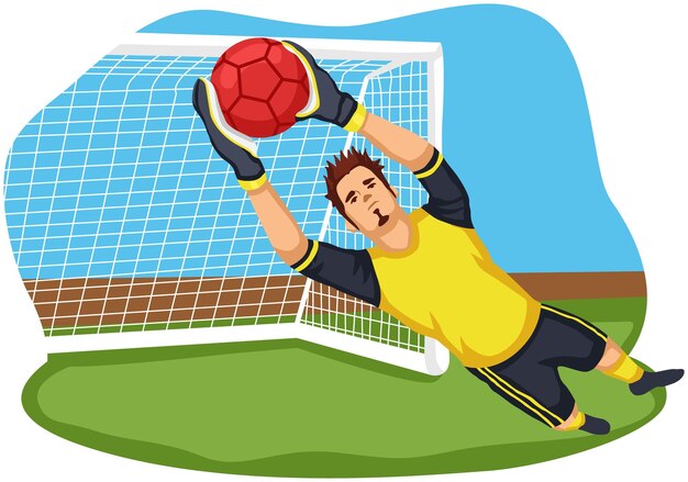 Vector goalkeeper diving to catch a ball in front of a goal post.