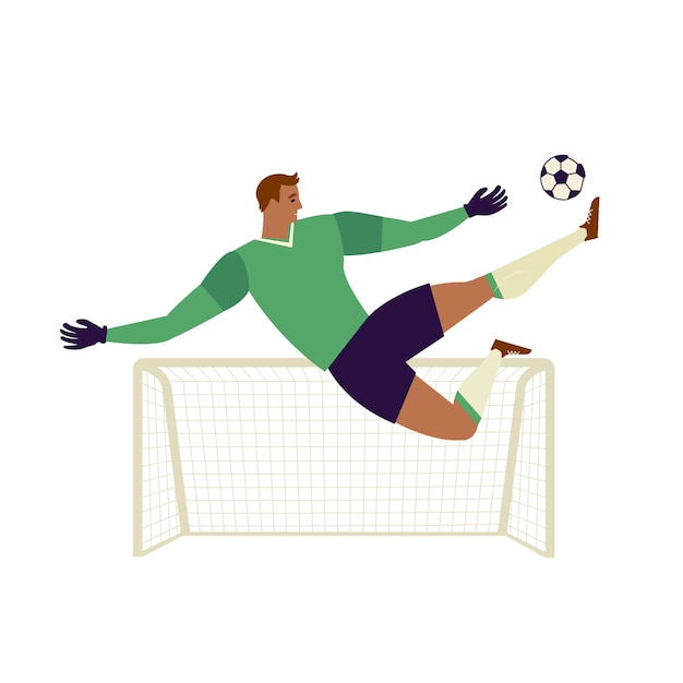 Vector goalkeeper jumping to catch ball illustration.