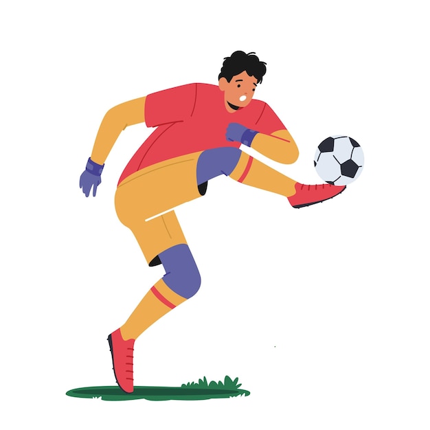 Goalkeeper Kicking Ball Defend Gates in Soccer Tournament Goalie Male Character Wear Football Team Uniform in Motion