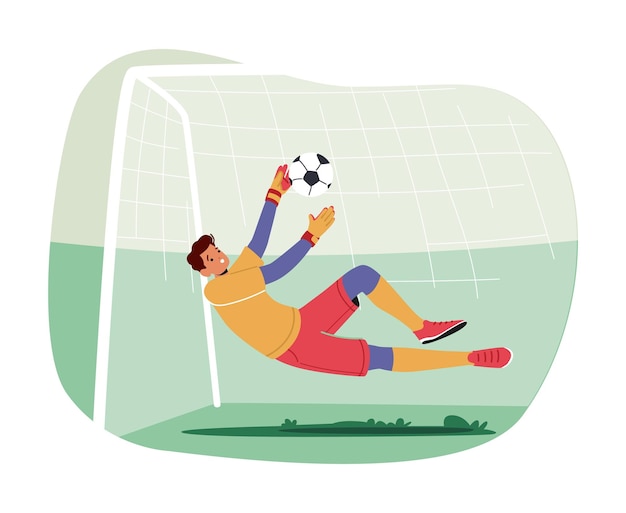 Goalkeeper Leaping to Catch Ball Flying into Gate Man Defend Gates in Soccer Tournament Goalie Vector Illustration