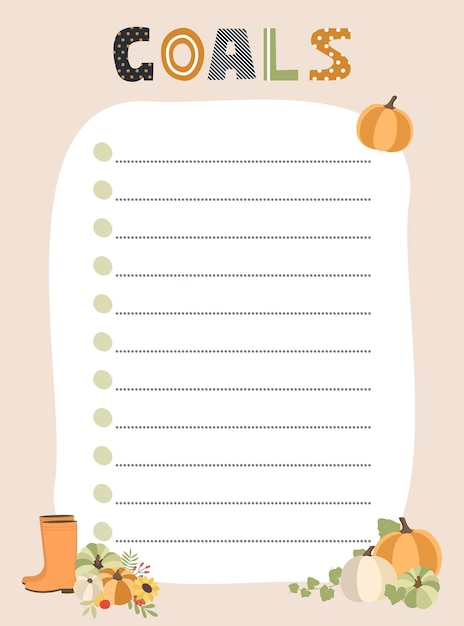 Goals check list Vector illustration with autumn elements for planner Cute and trendy