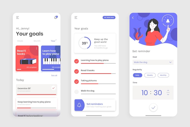 Goals and habits tracking app screens set